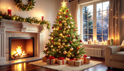Beautifully decorated room with candles and a large Christmas tree next to a lit fireplace. Gifts under the tree. The glow from the candles and fireplace creates a warm and festive holiday atmosphere.