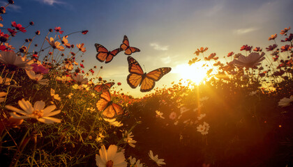 Monarch butterflies fluttering over colorful Cosmos flower field at sunset