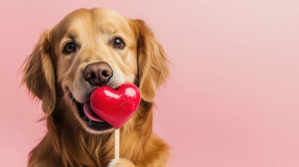 Cute golden retriever holding red heart lollipop on pink background symbolizing love joy and sweet affection