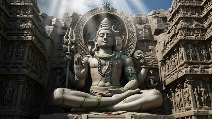 Epic Stone Statue of Lord Shiva in Ancient Temple with Dramatic Lighting and Sacred Atmosphere &ndash; Detailed Hindu Architecture, Mystical Spiritual Scene, Divine Meditation Energy