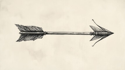 Vintage hand drawn arrow with detailed feathers and sharp tip on light background symbol of direction and focus