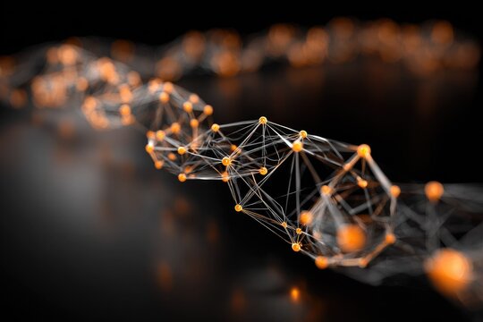 Abstract orange nodes forming a wave-like network structure on a dark background - Powered by Adobe