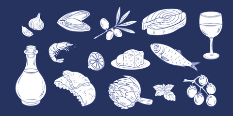 Mediterranean cuisine sketch set with seafood, herbs, olives, cheese, pittas, sardines, oil, wine on a dark background. Drawing ink. Hand-drawn food illustration perfect for menus, culinary design.