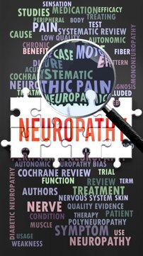 Neuropathy under magnifying glass, being researched, studied and examined. Most important subjects and ideas related to neuropathy written around a puzzle to symbolize complexity of neuropathy.