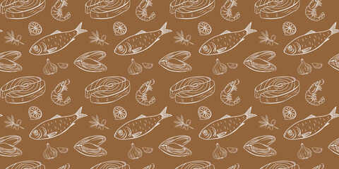 Eco Mediterranean seafood pattern on kraft paper background featuring fish, sardine, shrimp, mussel, olive, garlic and lemon. Natural recycled look ideal for packaging, branding, eco-friendly design.