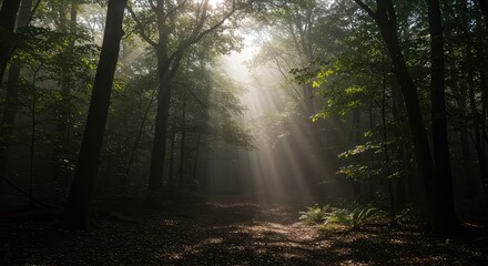 Obraz premium Deeply shadowed, ancient woodland interior during a misty morning, with rays of sunlight struggling to penetrate the thick canopy overhead ,mystical ,woodland ,nature