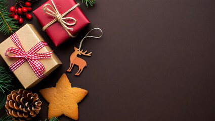 Christmas gifts and ornaments arranged on a dark background