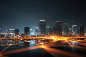 Glowing network lines over a blurred cityscape at night