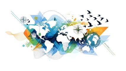 Dynamic global connectivity concept featuring abstract world map compass roses and soaring birds for travel marketing