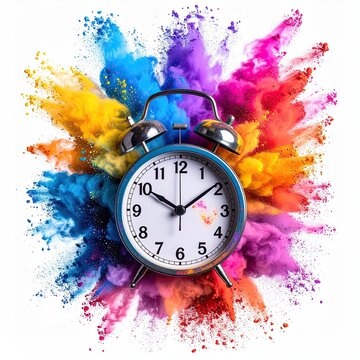 Retro alarm clock surrounded by vibrant exploding color