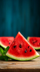 Fresh slices of ripe watermelon with green leaves on wooden table