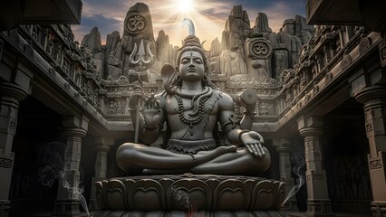 Epic Stone Statue of Lord Shiva in Ancient Temple with Dramatic Lighting and Sacred Atmosphere &ndash; Detailed Hindu Architecture, Mystical Spiritual Scene, Divine Meditation Energy