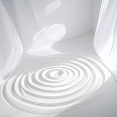 Obraz premium White sand zen garden, circular ripples. Soft light streams through sheer curtains