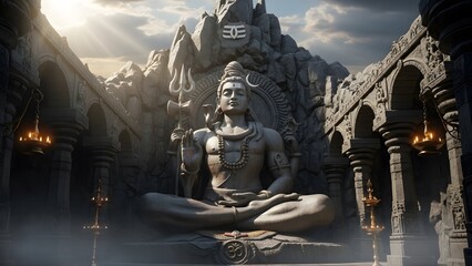 Epic Stone Statue of Lord Shiva in Ancient Temple with Dramatic Lighting and Sacred Atmosphere &ndash; Detailed Hindu Architecture, Mystical Spiritual Scene, Divine Meditation Energy