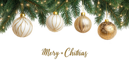 Elegant gold and white Christmas ornaments hang from pine branches with twinkling lights above black space on transparent background