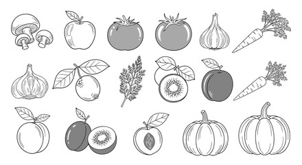 Fototapeta premium A diverse collection of fresh fruits and vegetables, some outlined and some shaded, perfect for healthy eating and natural food concepts.
