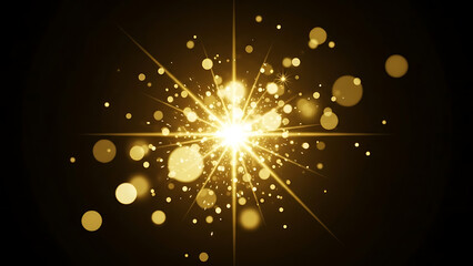Elegant golden light burst with shimmering particles and bokeh