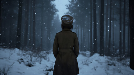 A figure stands in the snowy woods, back to the camera, wearing a long coat and cap. The forest is quiet and still, the snow falling softly around. A moment of solitude.