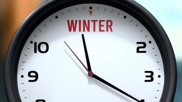 Winter that is going to happen soon. Upcoming winter, approaching in the near future. Winter almost here, in a short time - a clock symbolizes a reminder that winter is near.