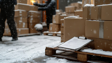 Amidst a snowy backdrop, delivery personnel work diligently with stacked packages, a clipboard resting on a pallet showcasing the logistical challenges of winter shipping.