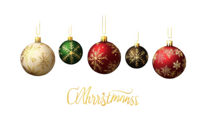 Five hanging festive Christmas ornaments with gold snowflake patterns above glittering holiday text on transparent background
