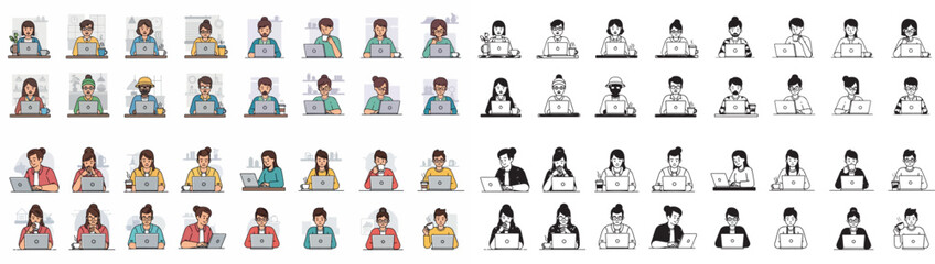 Diverse people working on laptops, various poses