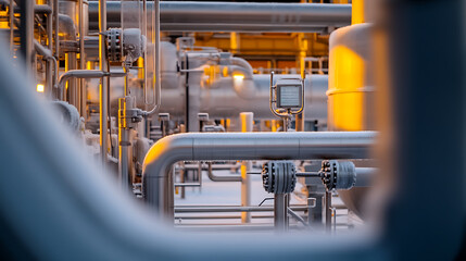 Silver metallic pipes dominate an industrial landscape, conveying a sense of complex engineering and technology, set against a backdrop of snowy conditions.