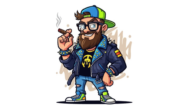 A cartoon illustration of a cool bearded man wearing a leather jacket, glasses, and a backward cap, smoking a cigar.