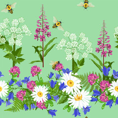 Wildflowers and bees on a green background. For decorating textiles and packaging.