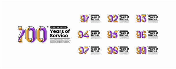 Colorful Years of Service Anniversary Logotype Set. 91, 92, 93, 94, 95, 96, 97, 98, 99, 100