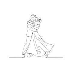 Continuous line drawing of wedding couple dancing. Vector minimalist bride and groom waltz illustration.
