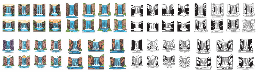 Waterfall landscapes in various styles