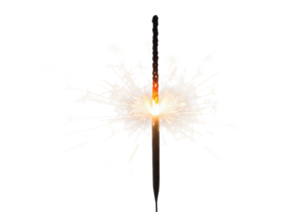 macro close-up of a brilliant white-hot festive sparkler burning fiercely, dynamic orange and gold sparks captured via long exposure, isolated on a transparent background. Concept for holiday
