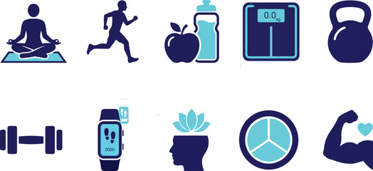 A comprehensive set of vector icons illustrates various aspects of health, fitness, running, and yoga.