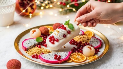 Obraz premium Festive white chocolate popsicle decorated with pomegranate seeds, lychee, dragon fruit, and dried orange slices on a goldrimmed plate, isolated on white background