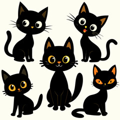 Obraz premium Collection of cute cartoon black cats with big eyes