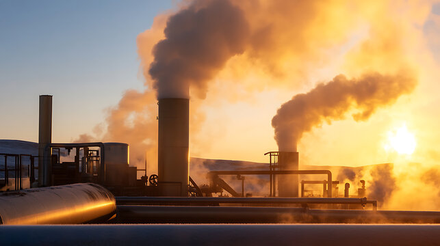 Industrial landscape at sunset, featuring steam rising from the plant. The pipelines and silhouettes of the buildings add to the industrial feel. Serene yet powerful.