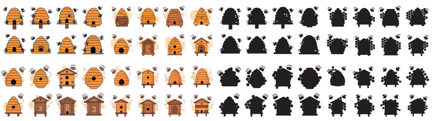 Beehives and bees collection with transparent background