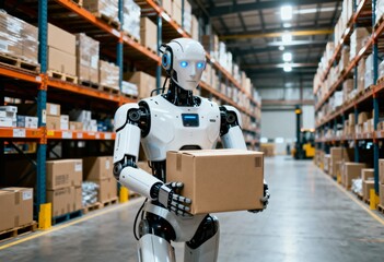 Humanoid robot carrying a cardboard box inside a warehouse aisle filled with shelves and packages.