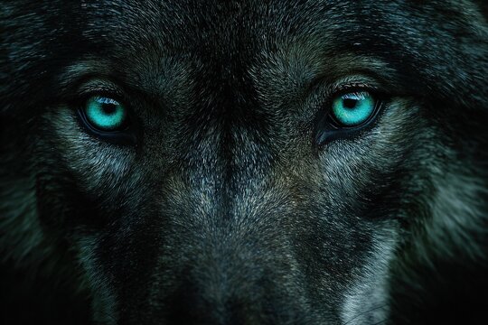 Close-up portrait of a wolf with glowing blue-green eyes in dark lighting