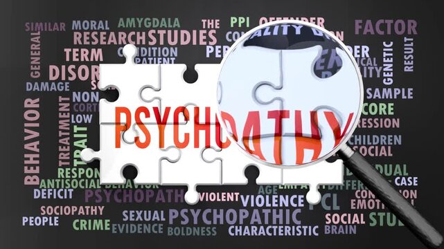 Psychopathy under magnifying glass, being researched, studied and examined. Most important subjects and ideas closely related to psychopathy written around a puzzle.Can be looped.