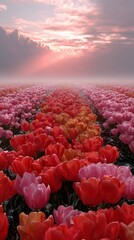 Fototapeta premium A vast field of colorful tulips stretches endlessly, their vivid red and pink hues contrasting against a soft sunset. The scene evokes a sense of tranquility and beauty, inviting wanderers to explore