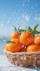 Fresh organic oranges in woven basket are splashed with water, showcasing their vibrant color and freshness. This farm produce highlights beauty of nature and healthy living