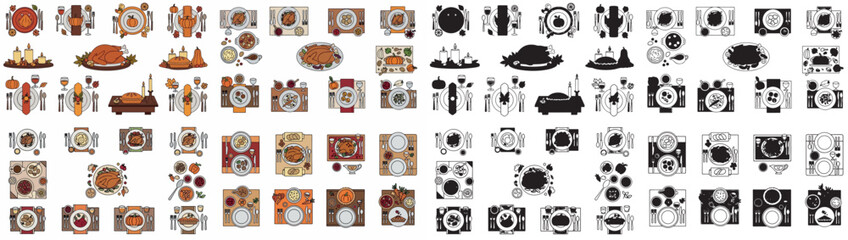 Thanksgiving feast table setting with transparent background