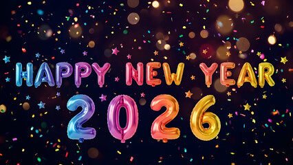 Golden happy new year 2026 balloons with sparkling stars on Gradient background