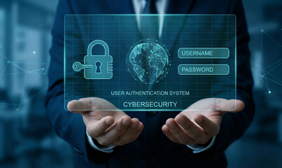 User authentication system concept with digital lock and globe