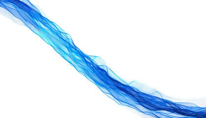 Abstract digital blue wave composed of glowing particles flowing dynamically across a stark representing data streams or fluid motion on white background