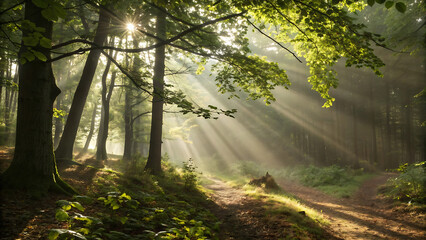 Sunlight beams through misty forest trees on a dirt path