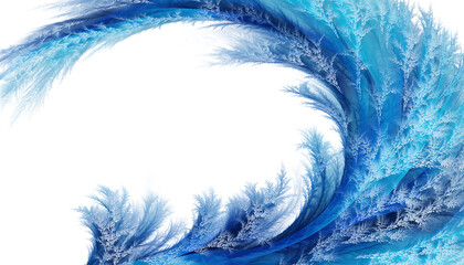 Abstract fractal ice wave design featuring intricate frosty fern patterns in vibrant shades of blue against a for winter themes on white background