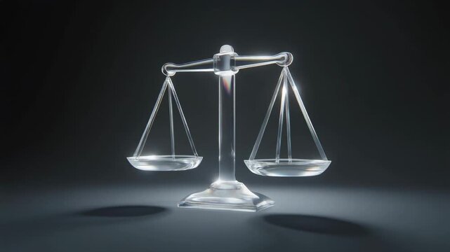Crystal Scales of Justice Balanced Perfectly in Studio Lighting Symbolizing Law Fairness Equilibrium and Legal Decisions